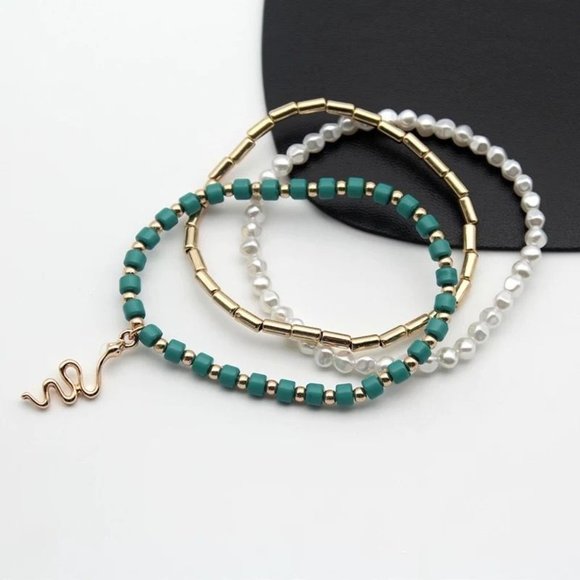 3 Bohemian bracelets set golden snake turquoise pearl gold multi layer stretch b - Picture 5 of 6